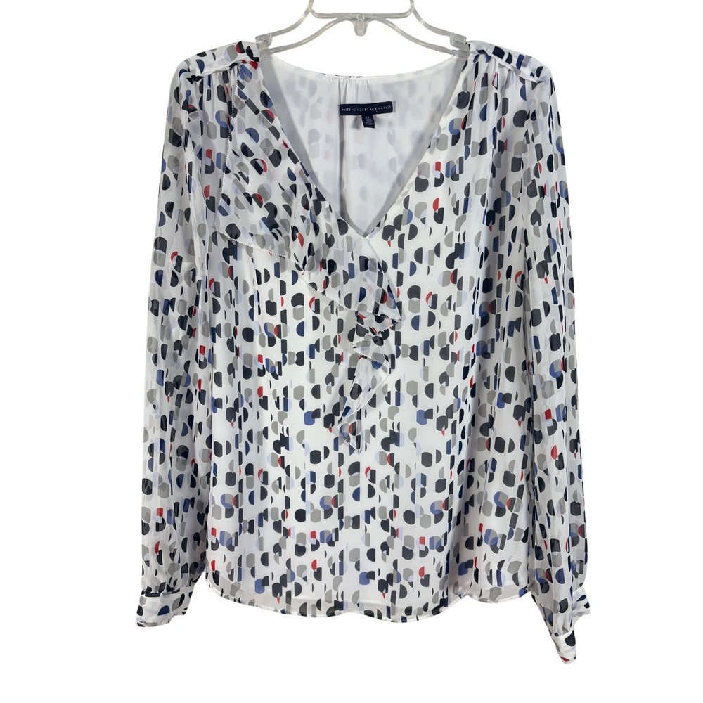 White House Black Market Blouse 12 White Geometric Excellent Ruffle V-Neck